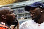 IRVING, TX - OCTOBER 05:  Wide receiver Chad Johnson #85 of the Cincinnati Bengals talks with Terrell Owens #81 of the Dallas Cowboys at Texas Stadium on October 5, 2008 in Irving, Texas. The Cowboys defeated the Bengals 31-24.  (Photo by Ronald Martinez/Getty Images)