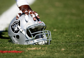 NAPA, CA - AUGUST 05:  A detail of a helmet during the Oakland Raiders Training Camp at the Napa Valley Marriott on August 5, 2009 in Napa, California.  (Photo by Jed Jacobsohn/Getty Images)