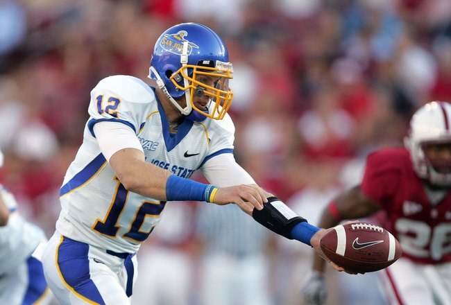 PALO ALTO, CA - SEPTEMBER 19:  Jordan La Secia #12 of the San Jose State Spartans in action during their game against the Stanford Cardinal at Stanford Stadium on September 19, 2009 in Palo Alto, California.  (Photo by Ezra Shaw/Getty Images)