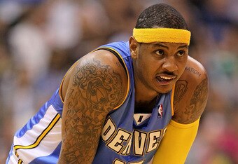 SALT LAKE CITY - APRIL 25:<br />
Carmelo Anthony #15 of the Denver Nuggets is pictured after being called for a foul against the Utah Jazz during<br />
Game Four of the Western Conference Quarterfinals of the 2010 NBA Playoffs at EnergySolutions Arena on April 25, 2010 in Salt Lake City, Utah. NOTE TO USER: User expressly acknowledges and agrees that, by downloading and or using this photograph, User is consenting to the terms and conditions of the Getty Images License Agreement.<br />
(Photo by Andy Lyons/Getty Images)