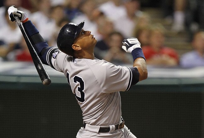 CLEVELAND - JULY 26:  Alex Rodriguez #13 of the New York Yankees pops up during his ninth inning at bat while playing  the Cleveland Indians on July 26, 2010 at Progressive Field in Cleveland, Ohio.  (Photo by Gregory Shamus/Getty Images)