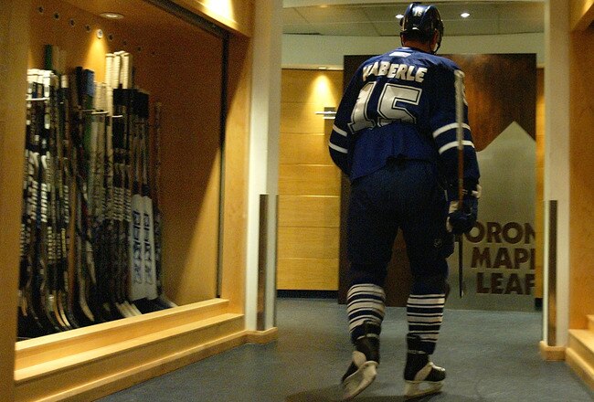 TORONTO - FEBRUARY 5:  Tomas Kaberle #15 of the Toronto Maple Leafs heads back to the locker room after warming up to face the Florida Panthers during their NHL game at the Air Canada Centre February 5, 2008 in Toronto, Ontario.(Photo By Dave Sandford/Getty Images)
