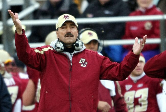 CHESTNUT HILL, MA - OCTOBER 17:  Head coach Frank Spaziani of the Boston College Eagles reacts after he thought a call should have been made against  the North Carolina State Wolf Pack in the first half on October 17, 2009 at Alumni Stadium in Chestnut Hill, Massachusetts.  (Photo by Elsa/Getty Images)