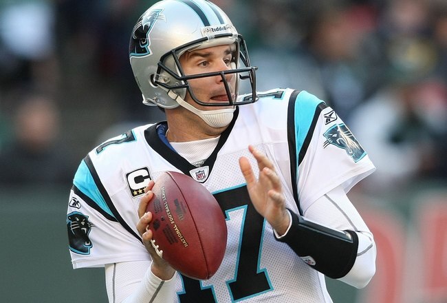 EAST RUTHERFORD, NJ - NOVEMBER 29:  Jake Delhomme #17 of the Carolina Panthers passes against the New York Jets at Giants Stadium on November 29, 2009 in East Rutherford, New Jersey.  (Photo by Nick Laham/Getty Images)