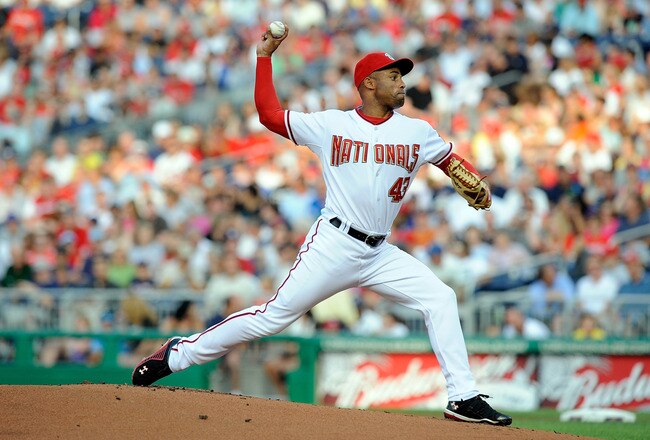 WASHINGTON - JULY 27:  Miguel Batista #43 of the Washington Nationals pitches against the Atlanta Braves at Nationals Park on July 27, 2010 in Washington, DC.  (Photo by Greg Fiume/Getty Images)