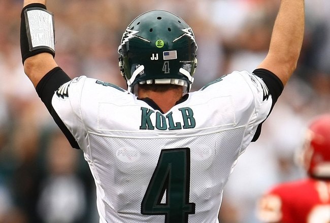 PHILADELPHIA - SEPTEMBER 27: Kevin Kolb #4 of the Philadelphia Eagles celebrates a touchdown against the Kansas City Chiefs on September 27, 2009 at Lincoln Financial Field in Philadelphia, Pennsylvania.  (Photo by Chris McGrath/Getty Images)