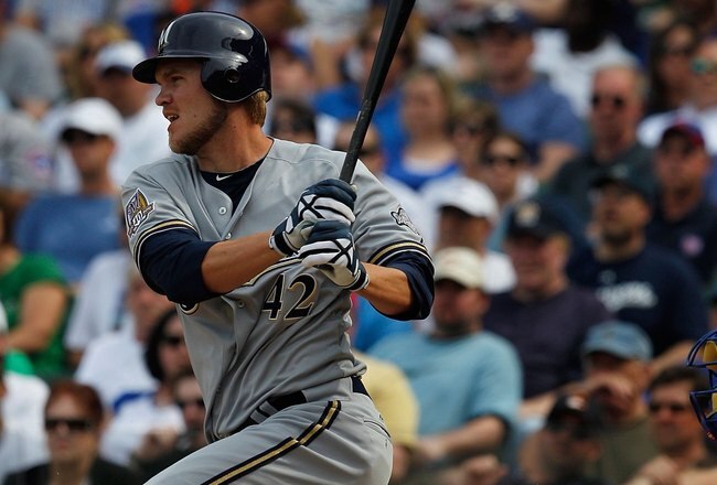 CHICAGO - APRIL 15: Cory Hart of the Milwaukee Brewers, wearing a number 42 jersey in honor of Jackie Robinson, hits the ball against the Chicago Cubs at Wrigley Field on April 15, 2010 in Chicago, Illinois. The Brewers defeated the Cubs 8-6. (Photo by Jonathan Daniel/Getty Images)