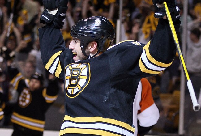 BOSTON - MAY 14:  Milan Lucic #17 of the Boston Bruins celebratres his goal in the first period against the Philadelphia Flyers in Game Seven of the Eastern Conference Semifinals during the 2010 NHL Stanley Cup Playoffs at TD Garden on May 14, 2010 in Boston, Massachusetts.  (Photo by Elsa/Getty Images)