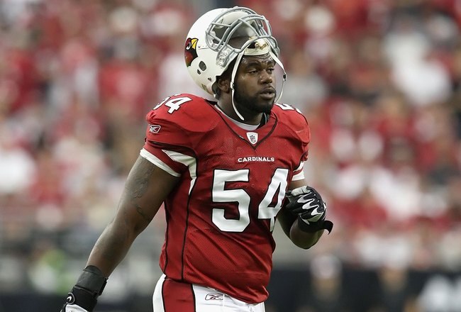 GLENDALE, AZ - NOVEMBER 01:  Linebacker Gerald Hayes #54  of the Arizona Cardinals during the NFL game against the Carolina Panthers at the Universtity of Phoenix Stadium on November 1, 2009 in Glendale, Arizona. The Panthers defeated the Cardinals 34-21.  (Photo by Christian Petersen/Getty Images)
