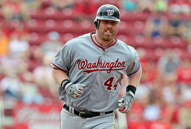 CINCINNATI - JULY 22:  Adam Dunn #44 of the Washington Nationals is pictured after hitting a home run during the game against the Cincinnati Reds at Great American Ball Park on July 22, 2010 in Cincinnati, Ohio.  (Photo by Andy Lyons/Getty Images)