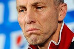 PRETORIA, SOUTH AFRICA - JUNE 27:  Head coach Bob Bradley of USA reacts during his last 2010 World Cup press conference at Irene Farm on June 27, 2010 in Irene south of  Pretoria, South Africa.  (Photo by Kevork Djansezian/Getty Images)
