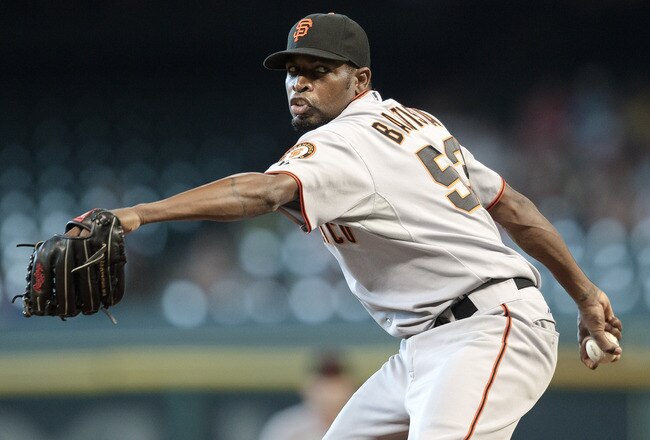 HOUSTON - JUNE 24:  Pitcher Denny Bautista #53 of the San Francisco Giants pitches against the Houston Astros at Minute Maid Park  on June 24, 2010 in Houston, Texas.  (Photo by Bob Levey/Getty Images)