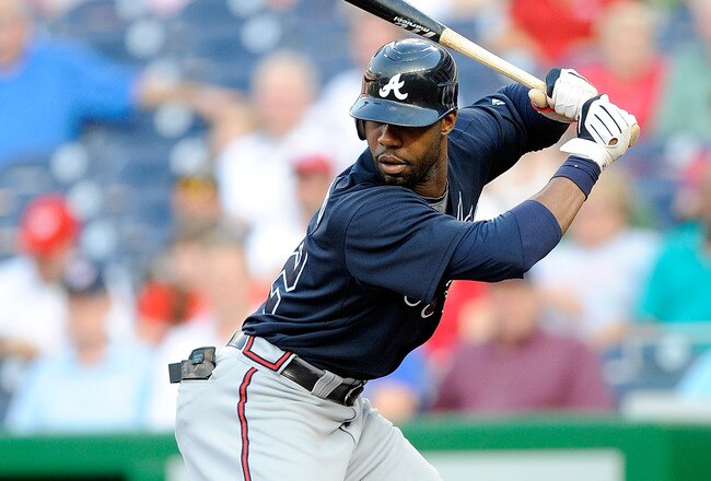 WASHINGTON - JULY 27:  Jason Heyward #22 of the Atlanta Braves is hit by a pitch in the first inning against the Washington Nationals at Nationals Park on July 27, 2010 in Washington, DC.  (Photo by Greg Fiume/Getty Images)