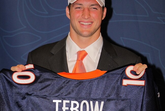 ENGLEWOOD, CO - APRIL 23:  Denver Broncos introduce NFL first round draft pick Tim Tebow during a press conference at the Broncos Headquarters in Dove Valley on April 23, 2010 in Englewood, Colorado.  (Photo by Doug Pensinger/Getty Images)