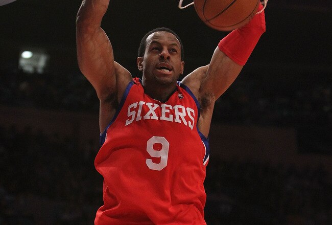 NEW YORK - MARCH 19:  Andre Iguodala #8 of the Philadelphia 76ers dunks the ball against the New York Knicks at Madison Square Garden on March 19, 2010 in New York City. NOTE TO USER: User expressly acknowledges and agrees that, by downloading and or using this photograph, User is consenting to the terms and conditions of the Getty Images License Agreement.  (Photo by Nick Laham/Getty Images)