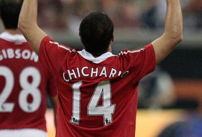 HOUSTON - JULY 28:  Javier Hernandez #14 of Manchester United celebrates scoring his first goal with the club during the MLS All Star Game at Reliant Stadium on July 28, 2010 in Houston, Texas.  (Photo by Bob Levey/Getty Images)