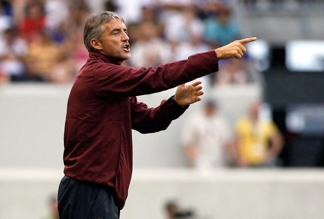 HARRISON, NJ - JULY 25:  Head Coach Roberto Mancini of Manchester City looks on against the New York Red Bulls on July 25, 2010 at Red Bull Arena in Harrison, New Jersey. Red Bulls defeated Manchester City 2-1.  (Photo by Mike Stobe/Getty Images for New York Red Bulls)