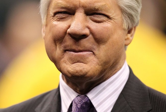 NEW ORLEANS - JANUARY 24:  Former NFL coach and current Fox Sports football analyst Jimmy Johnson looks on as the New Orleans Saints play against the Minnesota Vikings during the NFC Championship Game at the Louisiana Superdome on January 24, 2010 in New Orleans, Louisiana. The Saints won 31-28 in overtime.  (Photo by Ronald Martinez/Getty Images)