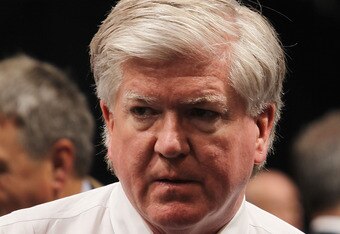 LOS ANGELES, CA - JUNE 25: Brian Burke of the Toronto Maple Leafs works the draft floor during the 2010 NHL Entry Draft at Staples Center on June 25, 2010 in Los Angeles, California.  (Photo by Bruce Bennett/Getty Images)