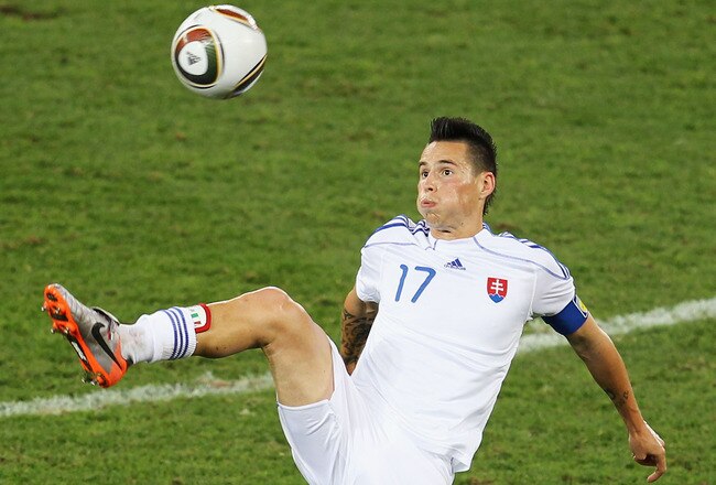 DURBAN, SOUTH AFRICA - JUNE 28:  Marek Hamsik of Slovakia in action during the 2010 FIFA World Cup South Africa Round of Sixteen match between Netherlands and Slovakia at Durban Stadium on June 28, 2010 in Durban, South Africa.  (Photo by Steve Haag/Getty Images)