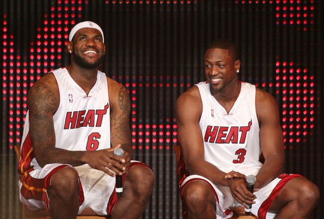 MIAMI - JULY 09:  (L-R) LeBron James #6 and Dwyane Wade #3 of the Miami Heat are introduced during a welcome party at American Airlines Arena on July 9, 2010 in Miami, Florida.  (Photo by Marc Serota/Getty Images)