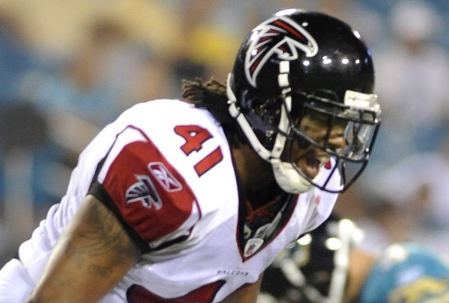 JACKSONVILLE, FL - AUGUST 9: Cornerback Antoine Harris #41 of the Atlanta Falcons leaps after a turnover by the Jacksonville Jaguars at Jacksonville Municipal Stadium on August 9, 2008 in Jacksonville, Florida.   (Photo by Al Messerschmidt/Getty Images)