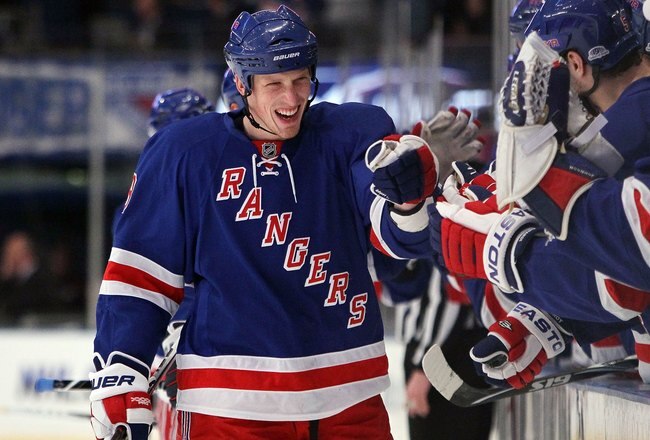NEW YORK - FEBRUARY 04:  Marc Staal #18 of the New York Rangers celebrates against the Washington Capitals on February 4, 2010 at Madison Square Garden in New York City.  (Photo by Jim McIsaac/Getty Images)