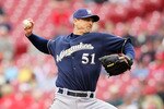 CINCINNATI - MAY 18:  Trevor Hoffman #51 of the Milwaukee Brewers throws a pitch in the 9th inning during the game against the Cincinnati Reds at Great American Ball Park on May 18, 2010 in Cincinnati, Ohio. The Reds won 5-4. (Photo by Andy Lyons/Getty Images)