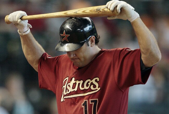 HOUSTON - JULY 11:  Lance Berkman #17 of the Houston Astros reacts after striking out in the ninth inning against the St. Louis Cardinals at Minute Maid Park on July 11, 2010 in Houston, Texas.  (Photo by Bob Levey/Getty Images)