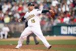 OAKLAND, CA - JULY 19:  Ben Sheets #15 of the Oakland Athletics pitches against the Boston Red Sox at the Oakland-Alameda County Coliseum  on July 19, 2010 in Oakland, California.  (Photo by Ezra Shaw/Getty Images)