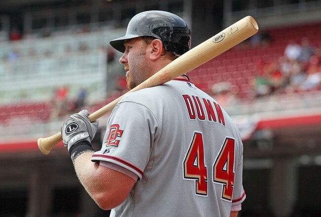 CINCINNATI - JULY 22:  Adam Dunn #44 of the Washington Nationals is pictured during the game against the Cincinnati Reds at Great American Ball Park on July 22, 2010 in Cincinnati, Ohio.  (Photo by Andy Lyons/Getty Images)
