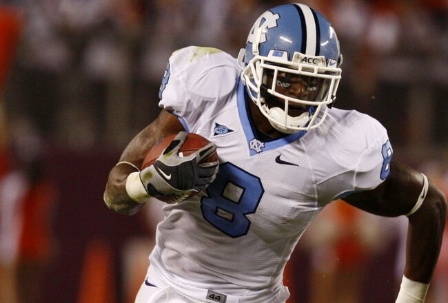 BLACKSBURG, VA - OCTOBER 29:  Running back Greg Little #8 of the North Carolina Tar Heels runs with the ball against the Virginia Tech University Hokies during the game at Lane Stadium on October 29, 2009 in Blacksburg, Virginia.  (Photo by Scott Halleran/Getty Images)