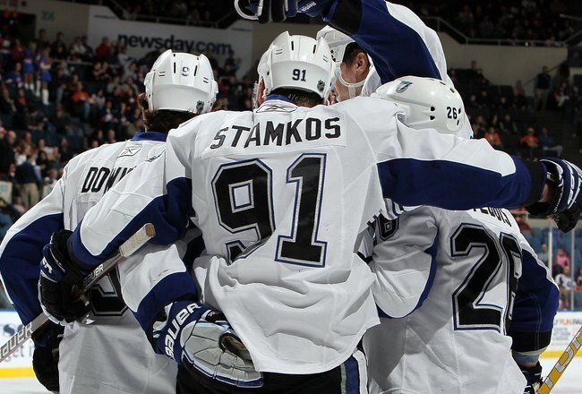 UNIONDALE, NY - FEBRUARY 13:  Steven Stamkos #91 of the Tampa Bay Lightning celebrates against the New York Islanders on February 13, 2010 at Nassau Coliseum in Uniondale, New York. The Isles defeated the Lightning 5-4.  (Photo by Jim McIsaac/Getty Images)