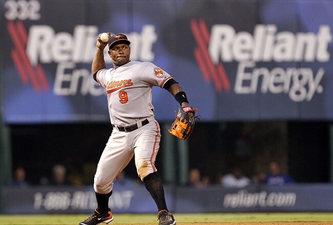 ARLINGTON, TX - JULY 10:  Miguel Tejada #9 of the Baltimore Orioles on July 10, 2010 at Rangers Ballpark in Arlington, Texas.  (Photo by Ronald Martinez/Getty Images)