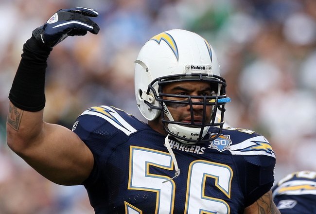SAN DIEGO - JANUARY 17:  Linebacker Shawne Merriman #56 of the San Diego Chargers signals on the field during the AFC Divisional Playoff Game against the New York Jets at Qualcomm Stadium on January 17, 2010 in San Diego, California.  (Photo by Donald Miralle/Getty Images)