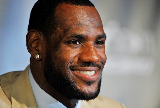 MIAMI - JULY 09:  LeBron James #6, of the Miami Heat smiles during a press conference after a welcome party at American Airlines Arena on July 9, 2010 in Miami, Florida.  (Photo by Doug Benc/Getty Images)