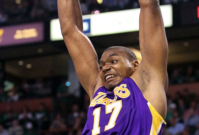 BOSTON - JUNE 13:  Andrew Bynum #17 of the Los Angeles Lakers dunks against the Boston Celtics during Game Five of the 2010 NBA Finals on June 13, 2010 at TD Garden in Boston, Massachusetts. NOTE TO USER: User expressly acknowledges and agrees that, by downloading and/or using this Photograph, user is consenting to the terms and conditions of the Getty Images License Agreement.  (Photo by Ronald Martinez/Getty Images)