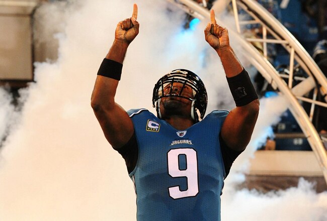 JACKSONVILLE, FL - DECEMBER 17:  David Garrard #9 of the Jacksonville Jaguars takes the field during player introductions against the Indianapolis Colts at Jacksonville Municipal Stadium on December 17, 2009 in Jacksonville, Florida.  (Photo by Sam Greenwood/Getty Images)