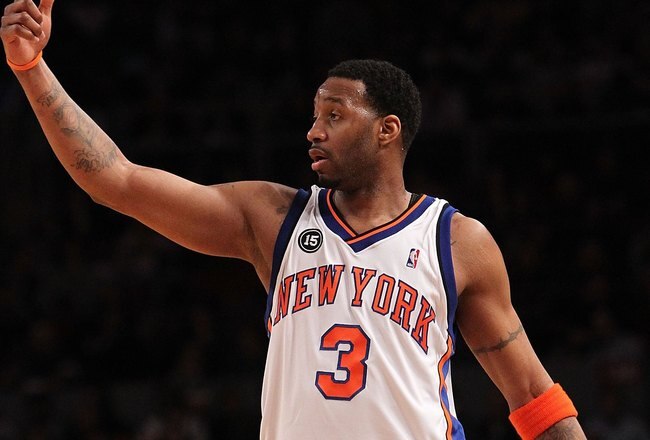 NEW YORK - FEBRUARY 20:  Tracy McGrady #3 of the New York Knicks gestures against the Oklahoma City Thunder at Madison Square Garden on February 20, 2010 in New York, New York. NOTE TO USER: User expressly acknowledges and agrees that, by downloading and or using this photograph, User is consenting to the terms and conditions of the Getty Images License Agreement.  (Photo by Nick Laham/Getty Images)