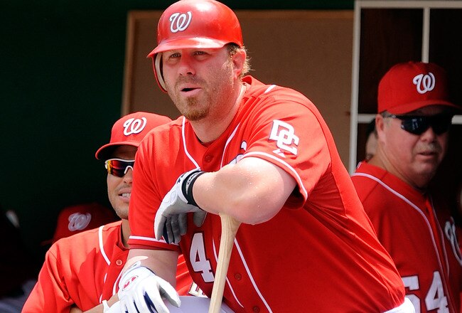WASHINGTON - JULY 29:  Adam Dunn #44 of the Washington Nationals watches the game against the Atlanta Braves at Nationals Park on July 29, 2010 in Washington, DC.  (Photo by Greg Fiume/Getty Images)