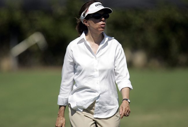 NAPA, CA - JULY 25:  Amy Trask, Chief Executive of the Oakland Raiders and the only female CEO in the NFL watches as the Oakland Raiders start their camp at the Marriott Hotel on July 25, 2006 in Napa, California.  (Photo by David Paul Morris/Getty Images)