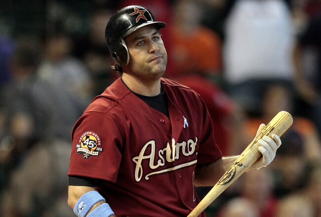 HOUSTON - JUNE 20:  Lance Berkman #17 of the Houston Astros reacts to striking out in the ninth inning against the Texas Rangers at Minute Maid Park on June 20, 2010 in Houston, Texas.  (Photo by Bob Levey/Getty Images)