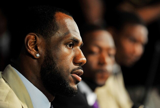 MIAMI - JULY 09:  LeBron James #6 of the Miami Heat talks during a press conference after a welcome party at American Airlines Arena on July 9, 2010 in Miami, Florida.  (Photo by Doug Benc/Getty Images)