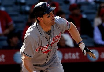 ANAHEIM, CA - APRIL 28: Austin Kearns #26 of the Cleveland Indians hits a double in the second inning against the Los Angeles Angels of Anaheim on April 28, 2010 at Angel Stadium in Anaheim, California. (Photo by Stephen Dunn/Getty Images)