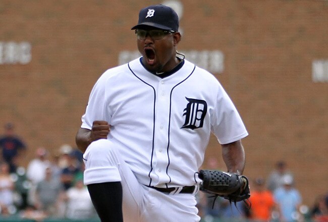 DETROIT - JULY 22:  Jose Valverde #46 of the Detroit Tigers reacts after making the final out during the game against the Toronto Blue Jays on July 22, 2010 at Comerica Park in Detroit, Michigan. The Tigers defeated the Blue Jays 5-2.  (Photo by Leon Halip/Getty Images)
