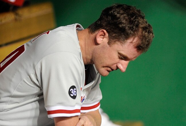 WASHINGTON - JULY 30:  Roy Oswalt #44 of the Philadelphia Phillies sits in the dugout between innings of the game against the Washington Nationals at Nationals Park on July 30, 2010 in Washington, DC.  (Photo by Greg Fiume/Getty Images)