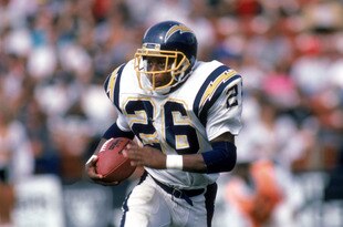 LOS ANGELES - SEPTEMBER 28:  Running back Lionel James #26 of the San Diego Chargers runs with the ball during a game against the Los Angeles Raiders at the Los Angeles Memorial Coliseum on September 28, 1986 in Los Angeles, California.  The Raiders won 17-13.  (Photo by George Rose/Getty Images)