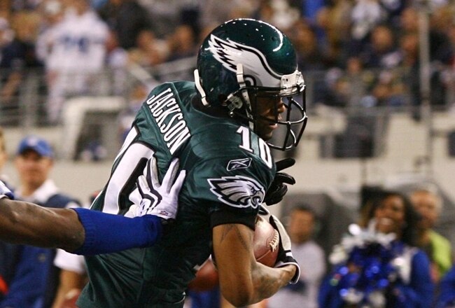 ARLINGTON, TX - JANUARY 9:  DeSean Jackson #10 of the Philadelphia Eagles scores on a four-yard pass in the fourth quarter against the Dallas Cowboys during the 2010 NFC wild-card playoff game at Cowboys Stadium on January 9, 2010 in Arlington, Texas. (Photo by Jamie Squire/Getty Images)