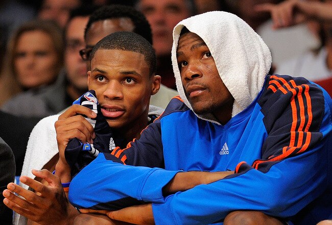 LOS ANGELES, CA - APRIL 27:  (L-R) Russell Westbrook #0 and Kevin Durant #35 of the Oklahoma City Thunder sit on the bench late in the fourth quarter while taking on the Los Angeles Lakers during Game Five of the Western Conference Quarterfinals of the 2010 NBA Playoffs at Staples Center on April 27, 2010 in Los Angeles, California.  (Photo by Kevork Djansezian/Getty Images)