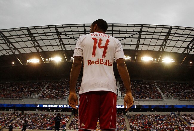 HARRISON, NJ - JULY 25:  Thierry Henry #14 of the New York Red Bulls walks out onto the field prior to their match against Manchester City on July 25, 2010 at Red Bull Arena in Harrison, New Jersey. Red Bulls defeat Manchester City 2-1. (Photo by Mike Stobe/Getty Images for New York Red Bulls)